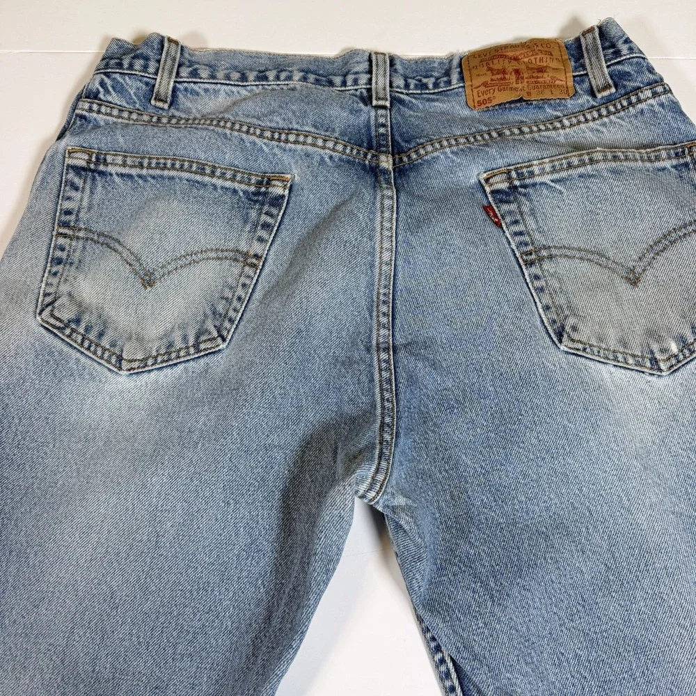 Levi's 505 Jeans Mens 36x30 Blue Denim Faded Distressed Regular Fit Straight Leg